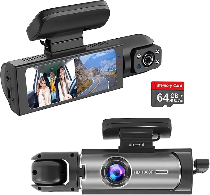 Dashcam Front and Inside,Car Camera Dash Cam for Cars,Driving Recorder with IR Night Vision,Loop Recording,Wide Angle Lens,3.16 Inch IPS Screen,Parking Mode (Silver)