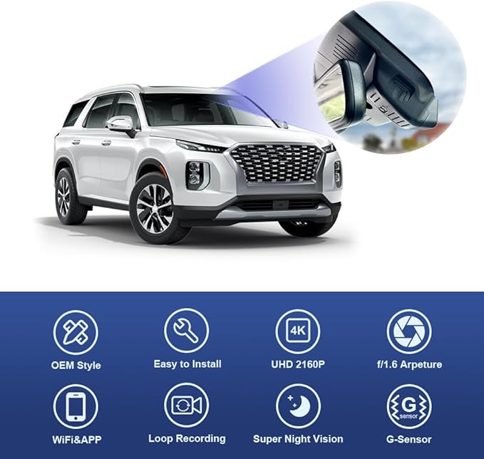 Fitcamx 4K Dash Cam Suitable for Hyundai Palisade 2020 2021 2022 (Part No#S8000) Limited SE SEL Calligraphy, OEM Look, UHD 2160P Video, Loop Recording, WiFi & APP, G-Sensor, Easy to Set, 64GB Card