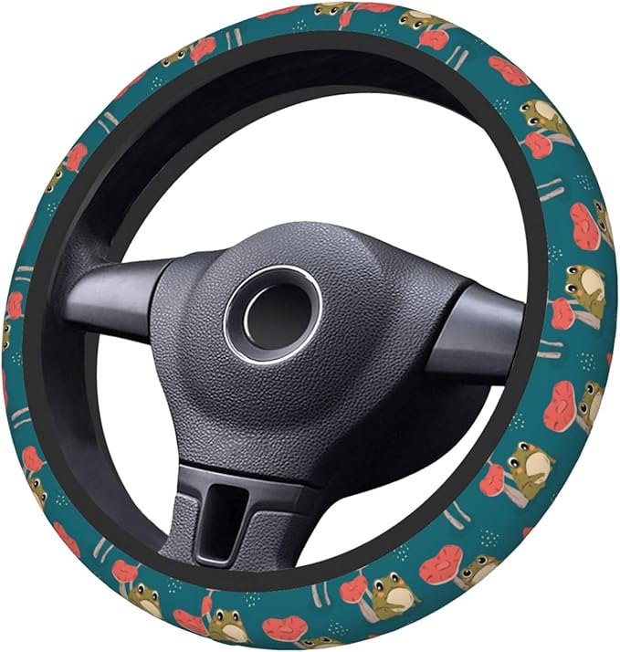 Mushroom Frog Steering Wheel Cover Women Men Elastic Stretch Soft Car Wheel Protector Universal Breathable No-Slip Car Accessories for Truck Van SUV Auto Fit 14-15 Inches