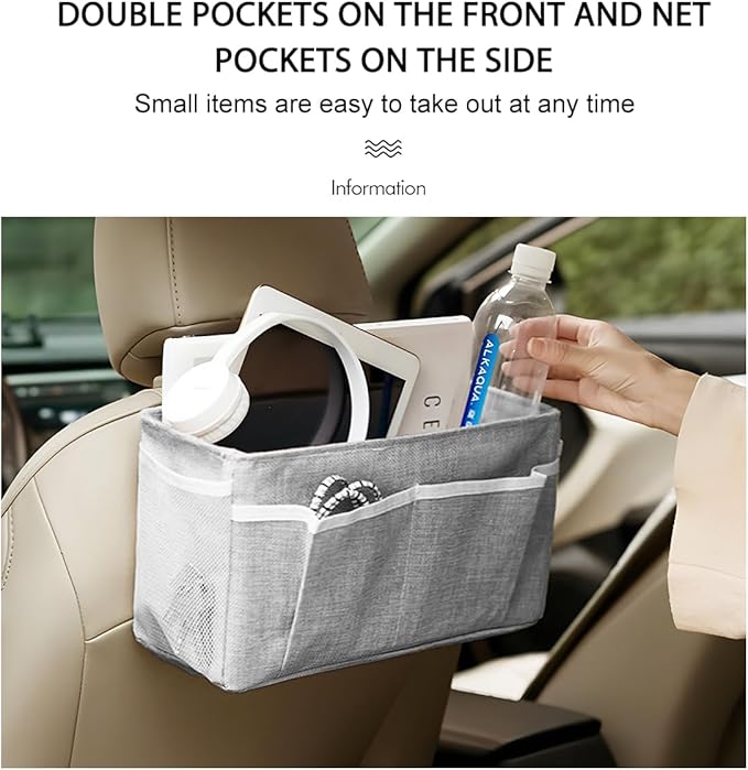Car Seat Back Organizer, Linen Hanging Self-Adhesive Vehicle Backseat Storage Bag with Multiple Pockets, Auto Caddy for Book Water Bottle Holder, Universal for SUV, Truck, Van (Light Gray)
