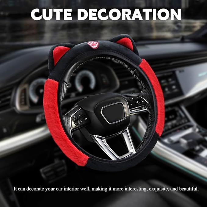 Car Steering Wheel Cover, 15 Inch Fluffy Soft Plush Auto Protector, Anti-Slip Elastic Lovely Car Cover Accessories with Kitty Cat Ears Universal for Most Vehicles (Fluffy-Black+Red)