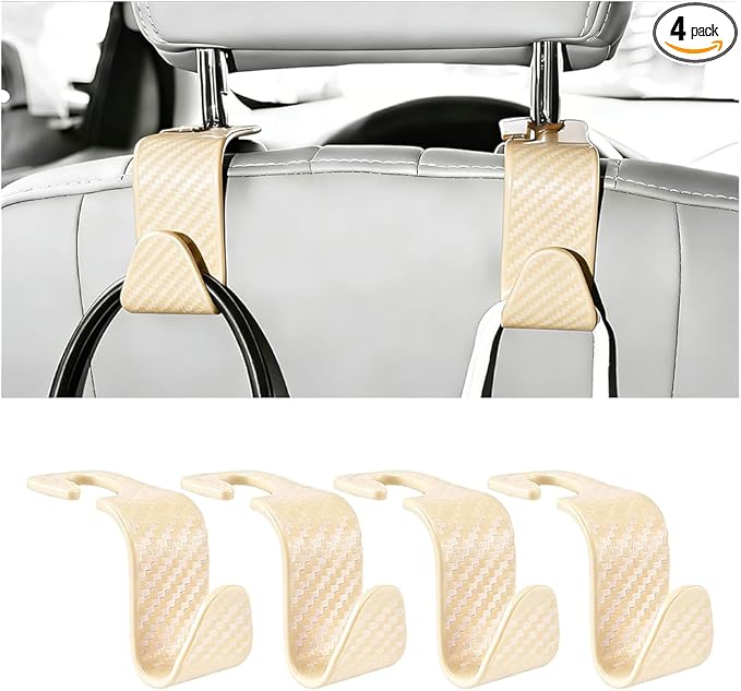 4PCS Car Seat Headrest Hook, Automotive Back Seat Storage Holder Hanger, Vehicle Interior Backseat Organizer Hanging Hook for Purse Handbag Grocery Bags, Universal Fit (Beige)