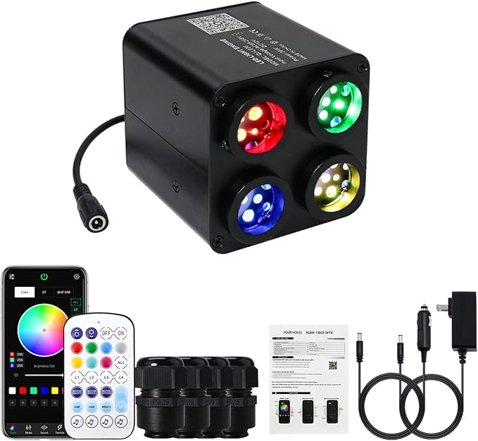 AKEPO 4 Color 36W RGBW Twinkle Fiber Optic Light Source Only, 4 Ports RGBW Twinkle + Music Activated + Bluetooth APP Control + 28-Key Remote Control for Car Home Starlight Headliner