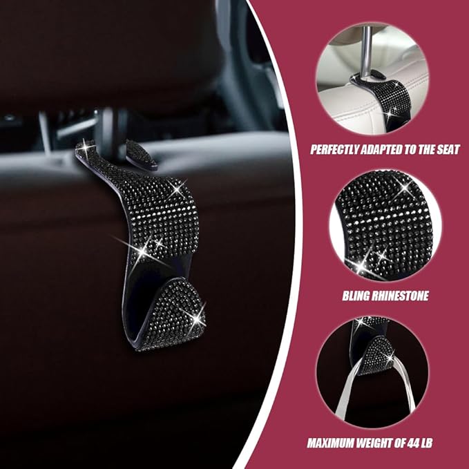 2 Pack Car Seat Headrest Hook, Bling Car Hooks Front Seat, Back Seat Organizer Hanger Storage Hook Car Purse Hook for Bags, Clothes, Coats, Grocery Bags (Black)