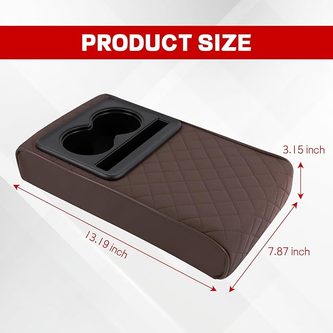 Car Center Console Armrest Pillow, 13.19"×7.87" Leather Car Arm Rest Cover, Memory Foam Auto Armrest Cushion with Cup Holder Phone Slot, Universal Vehicle Middle Console Cushion Pad (Coffee)