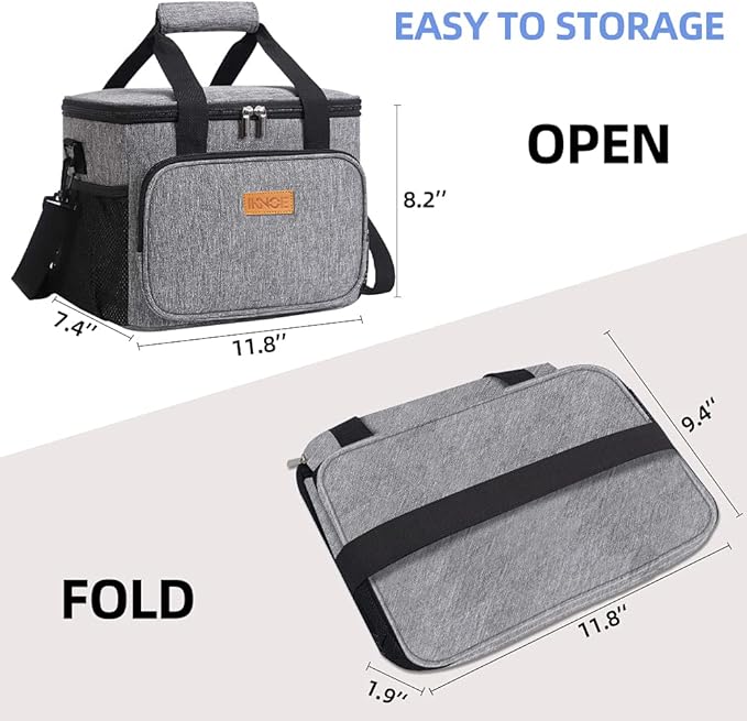 iknoe Insulated Lunch Bag, Foldable 14L Cooler Bag for Men & Women, Leakproof Thermal Design, Great for Office, Picnic, Travel, Lunch Box, Grey New