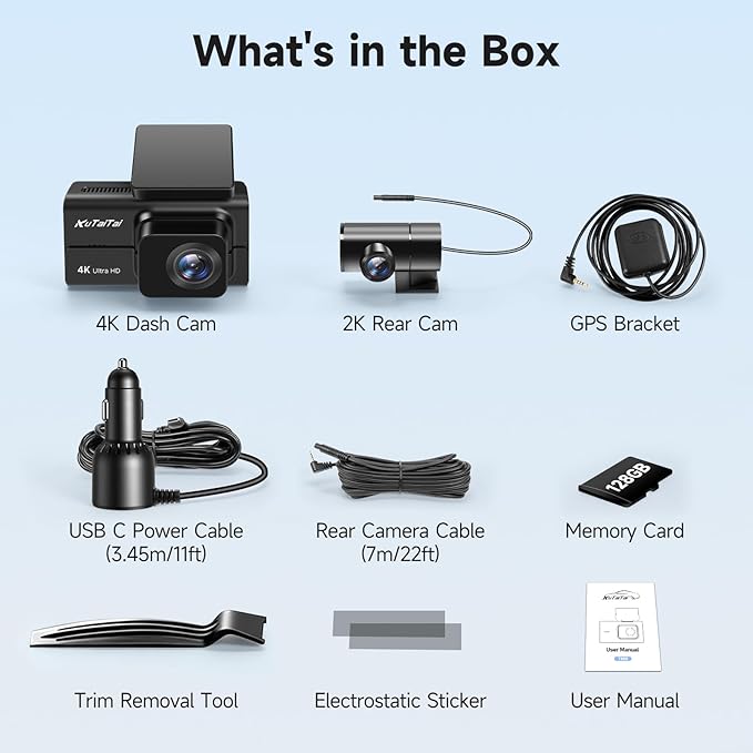 4K Dash Cam Front and Rear with Wi-Fi GPS Free 128GB Card, Dash Camera for Cars with HDR&WDR Night Vision, Car Camera with 3" Touch Screen, 170° Wide Angle, Loop Recording, 24H Parking Mode