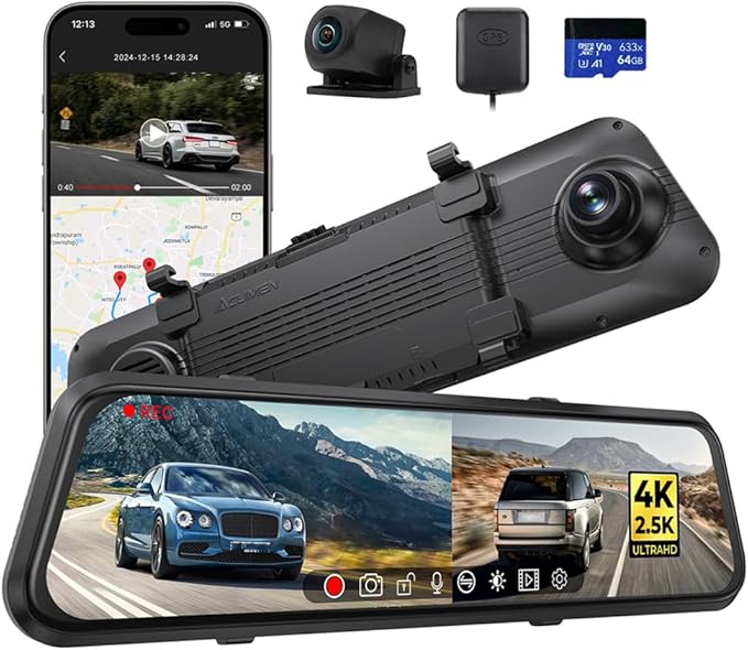 ACUMEN 4K Rear View Mirror Camera,Smart 12" Touch Screen Mirror Dash Cam Front and Rear,Backup Camera for Cars & Trucks with Blind Spot Detection (M4 2CH)