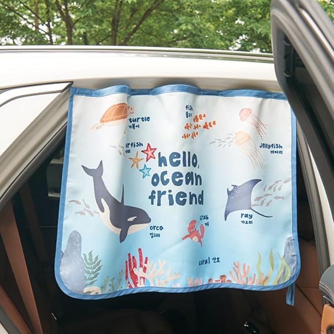 Magnetic Car Sun Shade Curtain for Side Window – Sun Blocker and UV Protector for Baby, Kids, and Pets – Universal Fit with Built-in Magnets for Steel-Framed Door (Magnet-New Ocean Friends)