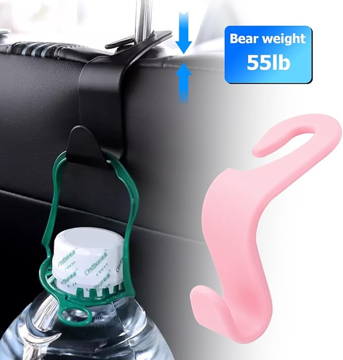 4PCS Car Back Seat Headrest Hooks, Rear Car Seat Storage Headrest Hanger Holder Hooks Organizer, Universal Auto Interior Accessories for Bag Purse Handbag Cloth Coats Grocery (Light Pink)