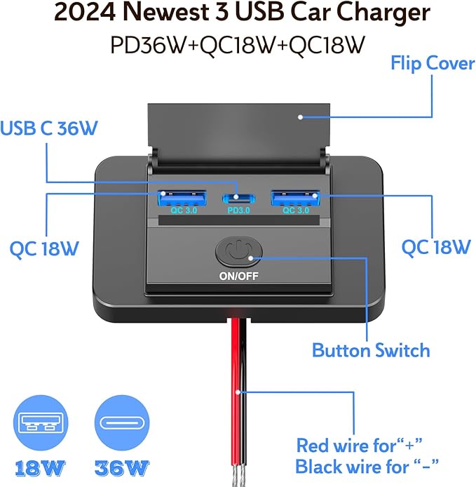 72W 12V USB Outlet Panel Wall Mount, 36W USB C and Dual QC 3.0 18W Car USB Port Charger Socket with Button Switch, Waterproof 3 USB Multi Port Power Outlet DIY 12V Accessories for Car Bus RV Truck