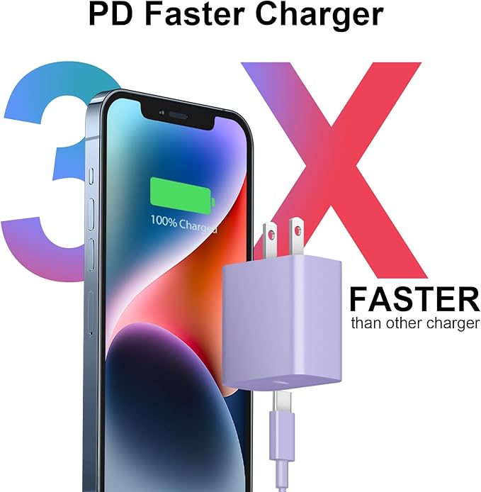 iPhone 17 16 15 Charger Fast Charging 2+2Pack 20W USB C Wall Charger with 10FT Fast Charging Cable Compatible with iPhone 17/17 Air/17 Pro/17 Pro Max/iPhone 16/15 Series, iPad Pro/AirPods-Purple