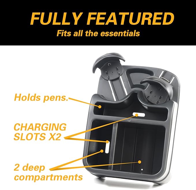 Big Plastic Console for Cars, Trucks, Minivans, SUVs with 2 Adjustable Drink Cup Holders Phone Book Holder, Back Bench and Front Seat or Floor Middle Console Universal Vehicle Organizer Black