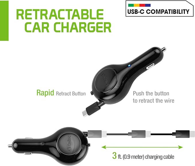 Cellet Retractable USB-C Car Charger – 15W Fast Charging, 3.3ft Cable, 3A Output, Blue LED Indicator – Compatible with Apple iPhone 15/16 Series & Samsung Android USB-C Devices – Compact, Tangle-Free