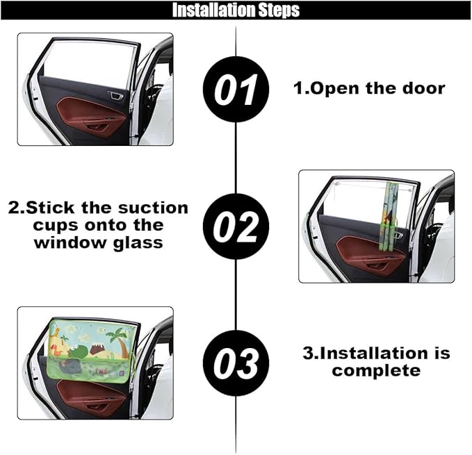 Car Window Shade for Baby, Blackout Car Window Curtain with Storage Pockets & 7 Suction Cups, Cartoon Pattern Cars Side Window Sun Shade Cover for Sun/Heat/UV Rays Protection (Green-Dinosaurs)