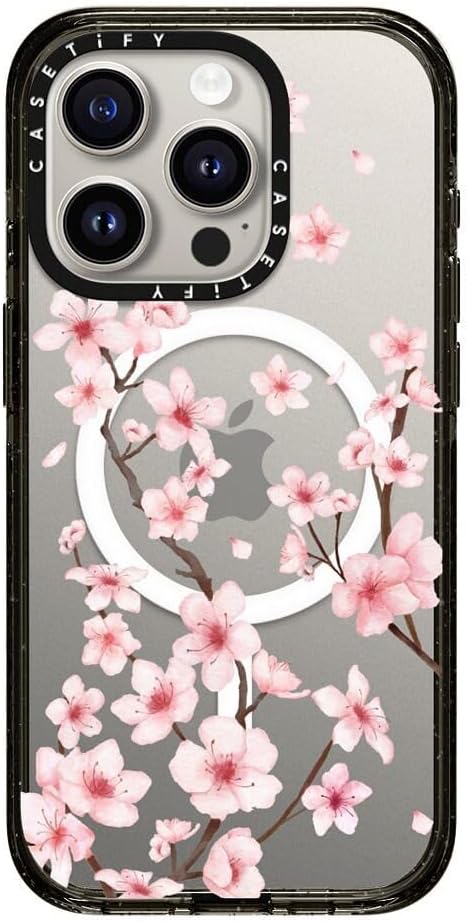 CASETiFY Impact Case for iPhone 15 Pro [8.2ft 4X Military Grade Drop Protection/Compatible with Magsafe] - Cherry Blossom - Clear Black