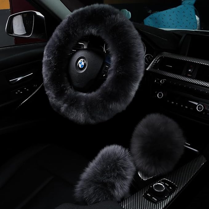 3Pcs Set Fashion Fluffy Fuzzy Wool Fur Soft Steering Wheel Cover with Handbrake Cover & Gear Shift Cover for Women Girls Car Decoration Long Wool Accessories 14 1/2-15 1/2 inchs (Steel)