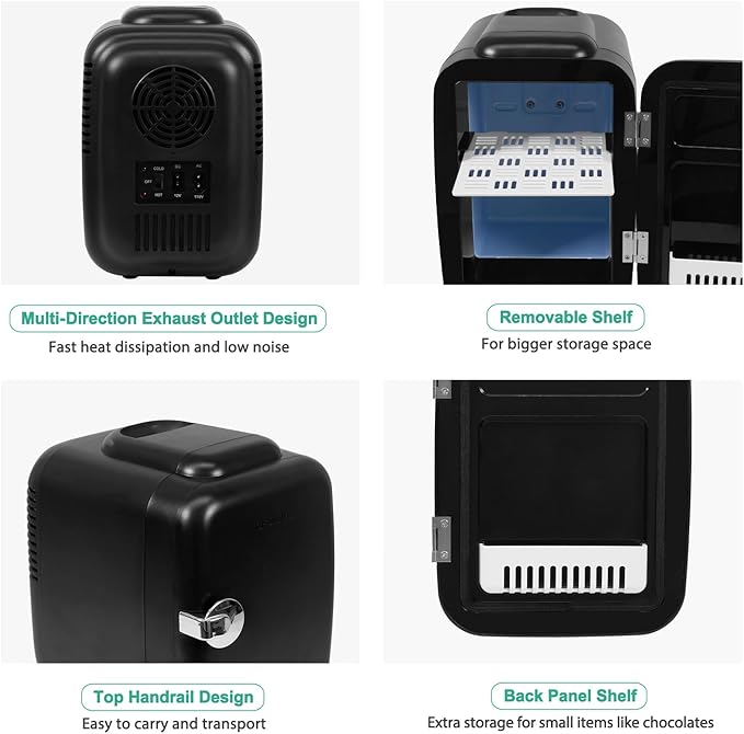 CROWNFUL Mini Fridge, 4 Liter/6 Can Portable Cooler and Warmer Personal Fridge for Skin Care, Cosmetics, Food,Great for Bedroom, Office, Car, Dorm, ETL Listed (Black)