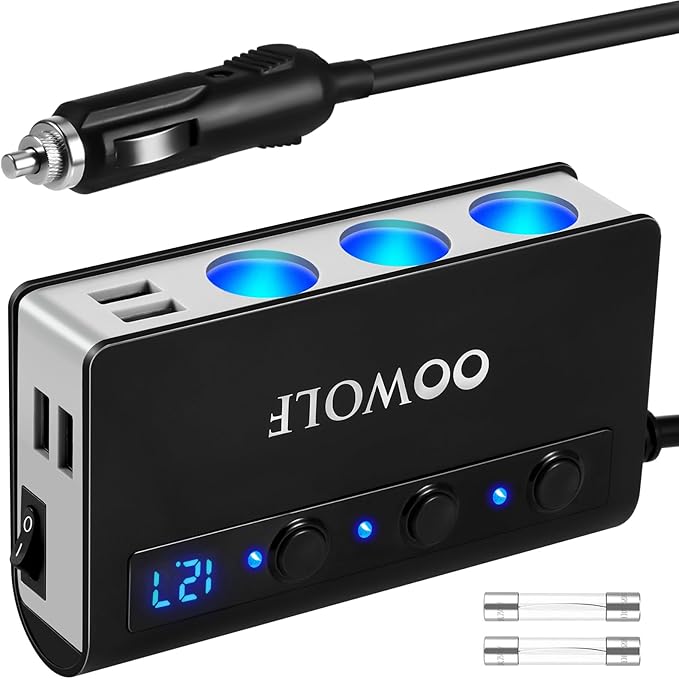 OOWOLF 7 in 1 Cigarette Lighter Splitter, 180W Quick Charge 3.0 12V/24V 3-Socket Car Charger Adapter, 4 USB Ports Car Power Adapter Car Splitter, Independent Switches, LED Voltmeter, 2.3FT Cable