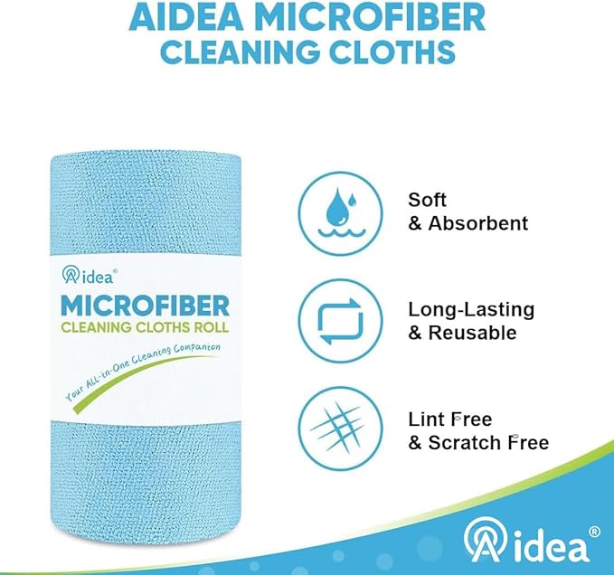 AIDEA Microfiber Cleaning Cloth 165 Sheets 3 Roll, Microfiber Towels for Cars, Blue Shop Towels, Shop Rags Washable, Cleaning Rags Reusable Paper Towels for Automotive, Workshops, House,11×9"