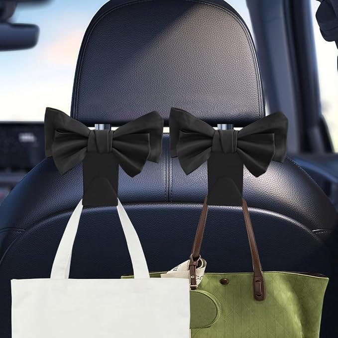 2PCS Car Purse Hooks, Car Hooks for Purses and Bags Cute, Cute Bow Shaped Vehicle Backseat Storage Hanger, Auto Leather Bow Back Seat Storage Hanging Holder Universal for Women Girls (Black)