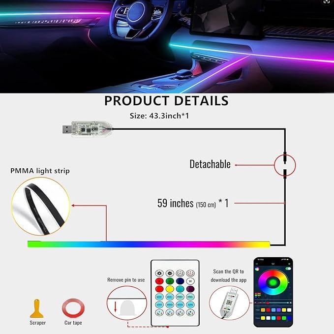 Ambient Lighting Car Led Lights Interior,43.3in USB RGB Dreamcolor Acrylic Neon Flexible Strip Fiber Optic LED Ambient Lighting Kits with Remote APP, RGB Music Lights Sync for Inside car Decorations
