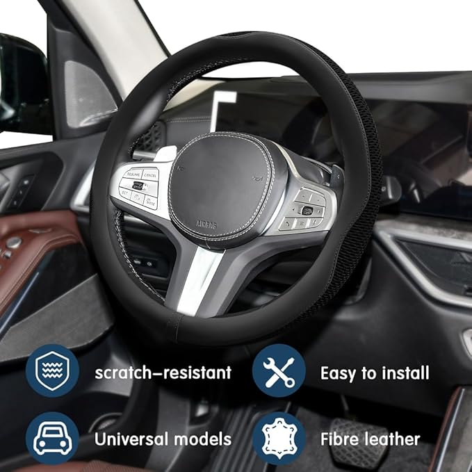 Car Steering Wheel Cover, Steering Wheel Accessories, Universal 15 Inch Microfiber Breathable LCE Silk, Car Accessories Breathable Anti-Slip Protector Universal for SUV Sedan Truck (Black)