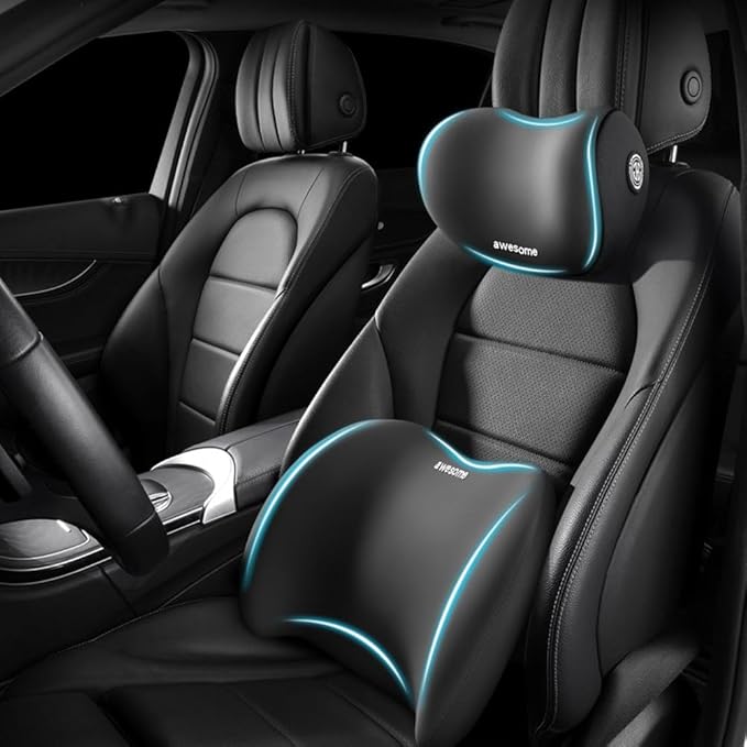 Car Headrest & Lumbar Support Cushion Kit, Ergonomic Car Seat Neck Pillow and Backseat Cushion for Driving Fatigue Relief, Driving Seat Memory Foam Neck Back Rest Pillows (Black)