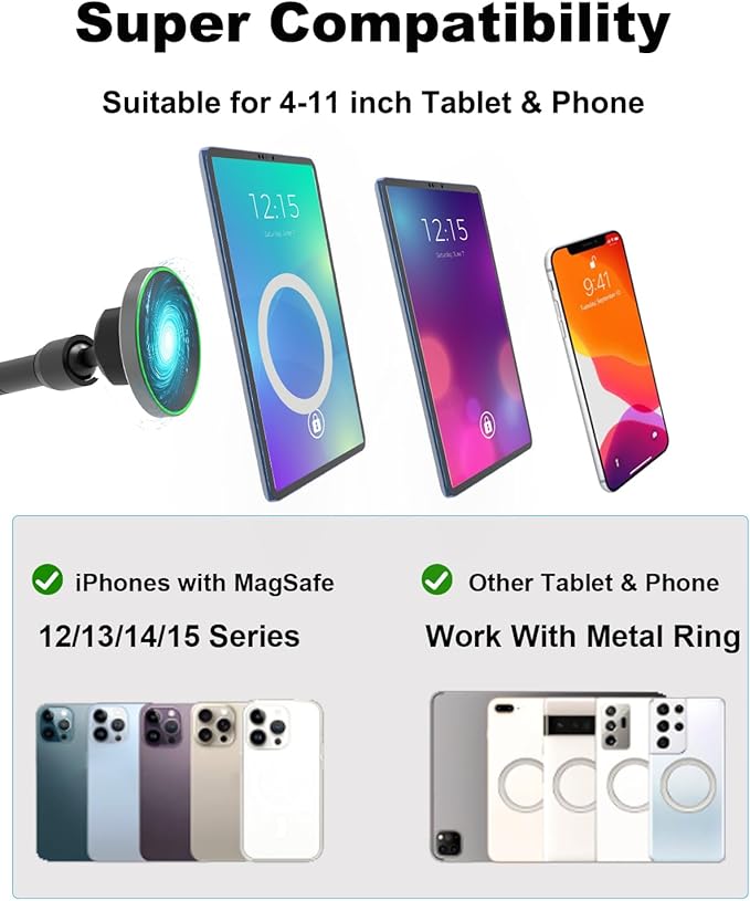 Heavy Duty Magnetic Tablet Mount for Truck Dashboard Windshield, Long Arm Suction Cup Car Mount for iPad Pro Air Mini 4–11'', MagSafe Holder for SUV Van Pickup iPhone 16/15 Galaxy