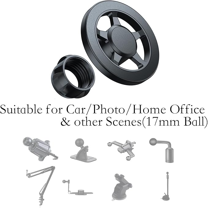 Metal Magnetic Ball Mount Adapter Compatible with MagSafe, 360 Degree Rotating Mount Fits All 17mm/0.67inch Ball Joint Car Phone Holder, Compatible with All Phones