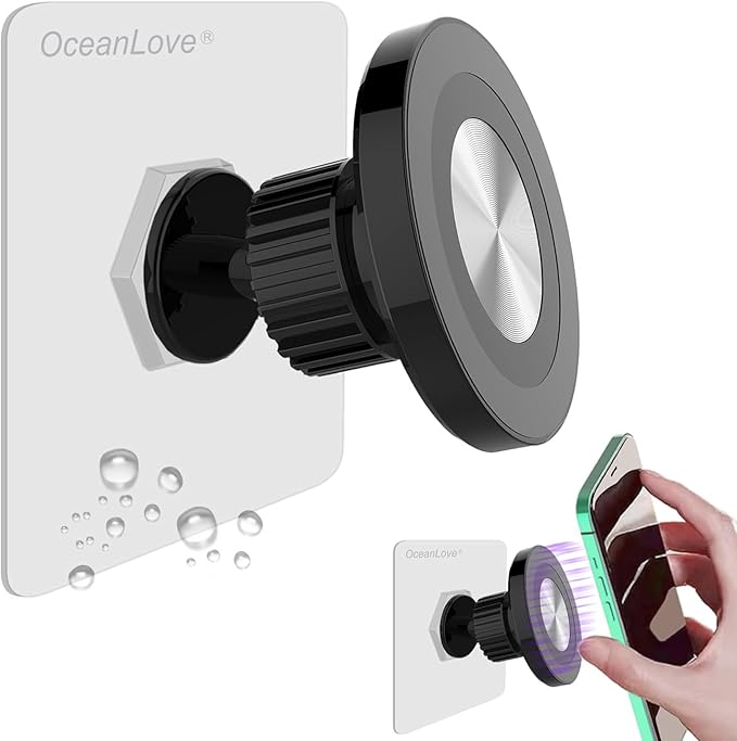 OCEANLOVE for MagSafe Wall Mount Magnetic Phone Holder, Self-Adhesive, 360 Rotatable, Waterproof, Compatible with iPhone 17/16/15/14/13/12,All Phones, Shower Mirror Car Glass Bathroom Kitchen(Black)