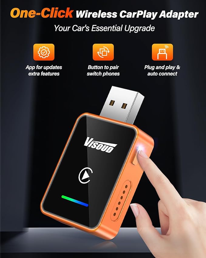 2026 Wireless CarPlay & Android Auto Adapter, One-Click Switch, 3s Auto Reconnect, A9 Chip, Bluetooth 6.0, 5.8GHz WiFi, Plug & Play, with USB-C & Right-Angle Cables
