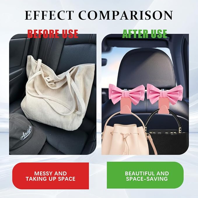 2PCS Car Purse Hooks, Car Hooks for Purses and Bags Cute, Cute Bow Shaped Vehicle Backseat Storage Hanger, Auto Leather Bow Back Seat Storage Hanging Holder Universal for Women Girls (Pink)