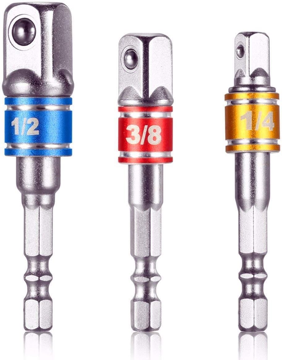 Impact Grade Socket Adapter/Extension Set Turns Power Drill Into High Speed Nut Driver,1/4-Inch Hex Shank to Drive for Adapters to Use with Drill Chucks, Sizes 1/4" 3/8" 1/2", Cr-V, 3-Piece