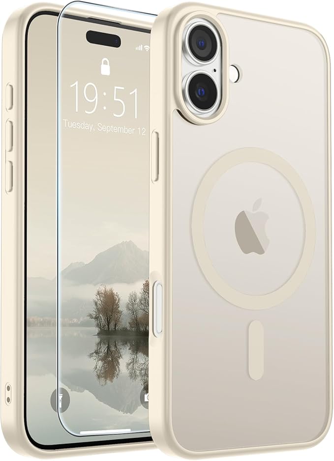 SUPFINE Magnetic for iPhone 16 Case with Screen Protector (Compatible with MagSafe) (Military Grade Drop Protection) Translucent Matte Shockproof with Anti-Fingerprint Phone Cover,Antique White