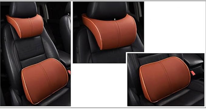Car Seat Lumbar Support Pillow Neck Pillow Headrest Head Support Back Cushion Pad Soft Memory Foam Artificial Leather for Car Home Office Chairs Lower Back Pain Relief Corrects Posture Brown