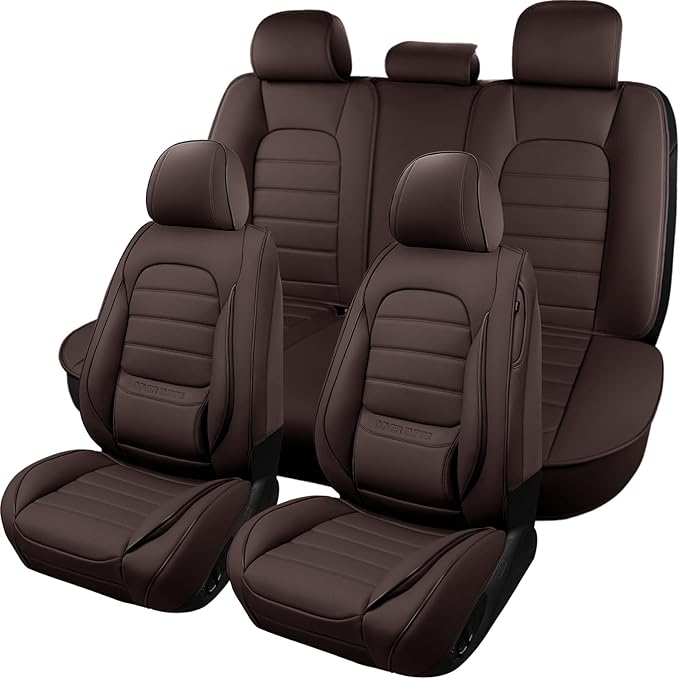 Brown Car Seat Covers Full Set, Universal Faux Leather Seat Covers for Cars 5 Seats, Waterproof Leather Car Seat Covers, Comfortable Automotive Seat Covers for Most Sedans Trucks SUVs