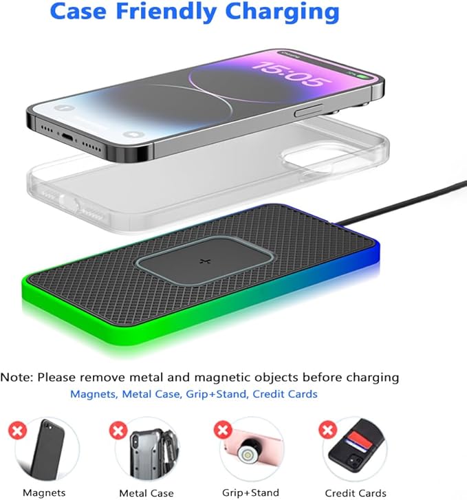 Cordless Car Charging Pad for GMC Sierra HD 2013 2014 2015 2016 2017, 5W/7.5W/10W/15W/20W Charging, Trim-to-Fit Non-Slip Phone Charging Mat with 8 Ambient Light Modes, 100cm Cable,A USB