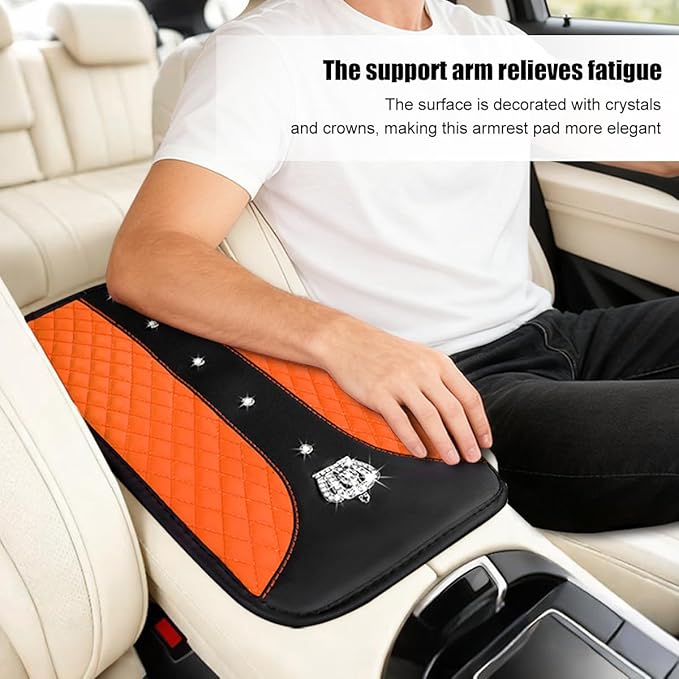 Bling Car Center Console Cover, Crown Crystal Rhinestones Vehicle Armrest Mat Protector, Anti Slip Sparkling Automotive Arm Rest Seat Box Cushion Pad Decor Accessories, Universal Fit (Orange)