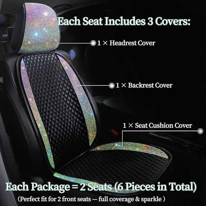 Bling Crystal Diamond Sparkly Glitter Car Seat Cover Premium PU Front Seat Protector Pad Works with 95% of Vehicles Bling Bling Rhinestones Auto Interior Accessories for Women Color 2Seats