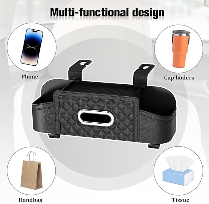 Car Backseat Organizer, 4-in-1 Multifunctional Vehicle Seat Back Tissue Box with Cup Holder & Hook, Automotive Backseat Hanging Storage Box for Bag Phone Drink, Universal for Vehicles (Black)