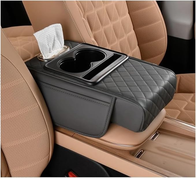 Car Center Console Cover, Memory Foam Nappa Leather Vehicle Armrest Cushion with Tissue Box, 2 Storage Bag & Holder, Automotive Arm Rest Protector Accessories, Universal Fit (Light Gray)