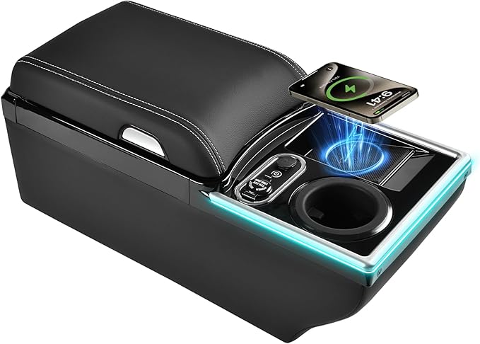 Coverado Center Console, Universal Bench Seat Center Console with Wireless Charging & Cup Holder & 7 Light Modes, Truck Back Seat Car Organizer, Rear Central Car Armrest Box with Storage, Black