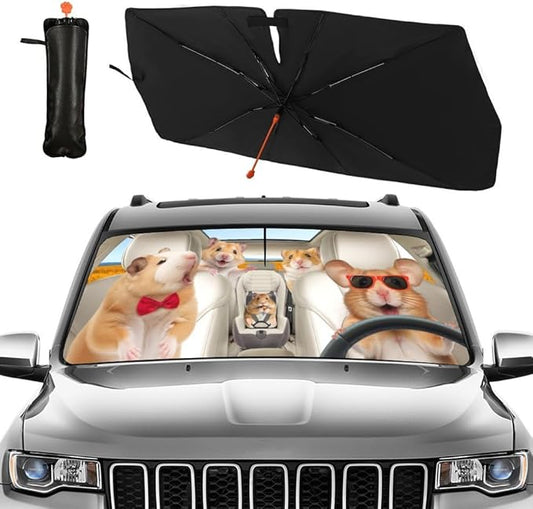 CHILLTEK Funny Animal Car Windshield Sun Shade, Cute Hamster Car Sun Shade, Block UV Rays Heat Foldable Windshield Umbrella Sun Visor Protector - Keep Vehicle Cool for Cars SUV