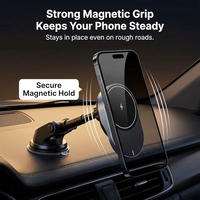 IJS Magnetic Wireless Car Charger with Built-in Retractable Cable – Extendable Windshield & Dashboard Phone Mount – 15W Magsafe Compatible – Fast Charging for iPhone 17/16/15/14/13/12, Samsung, Pixel