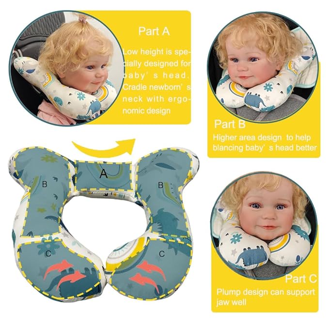 Baby Neck Pillows, Comfortable Baby Travel Head Neck Support Pillow for Car Seat Stroller Pushchair, Soft PP Cotton Travel Pillow for 0-2 Years Old Toddler Infant Newborn, Dinosaur
