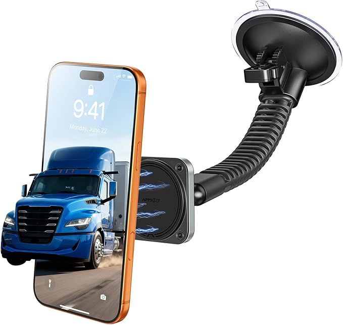 APPS2Car for Heavy-Duty MagSafe Truck Phone Mount, 4.33" Extra Large Vacuum Suction Cup, 20 Strong Magnets, Ultra-Stable Double-Rib Long Arm, Magnetic Phone Holder for Pickup, Semi Trucks, Tractor