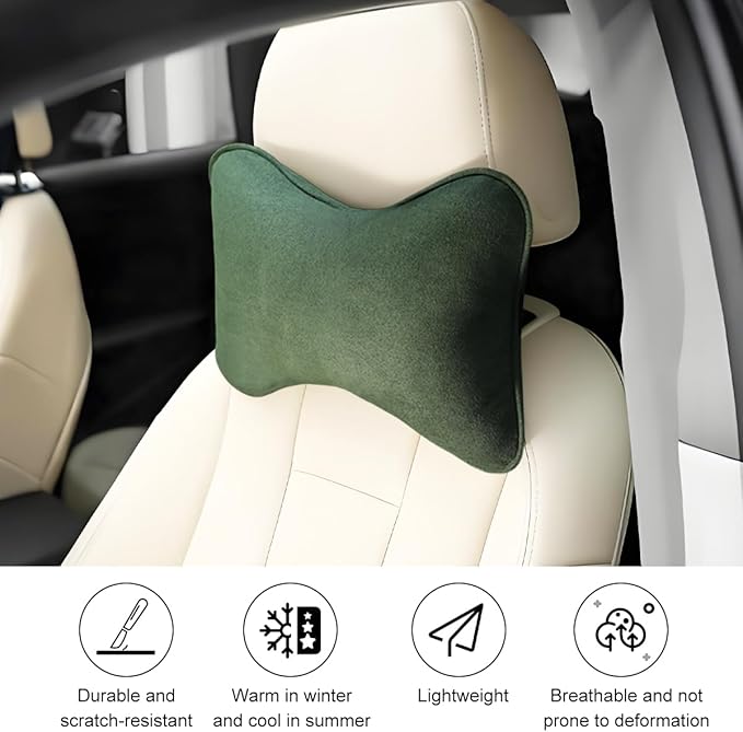 Car Headrest Pillow, Suede Soft Comfortable Breathable Vehicle Seat Neck Support Cushion with Adjustable Strap, Ergonomic Design Auto Head Rest Pad, Universal for Sedan RV Truck (Dark Green)