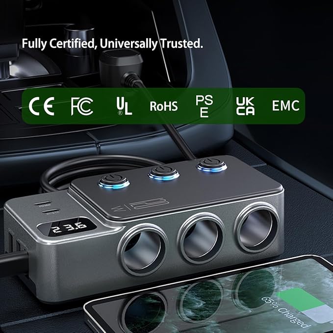 8 in 1 Cigarette Lighter Splitter, 3 Socket Car Charger Adapter, Type-C QC3.0 PD35W 5 USB C/A Fast Charging Port,12V/24V Input 120W Outlet with Built-in Protecter, Zero Risk to Car Battery & Devices