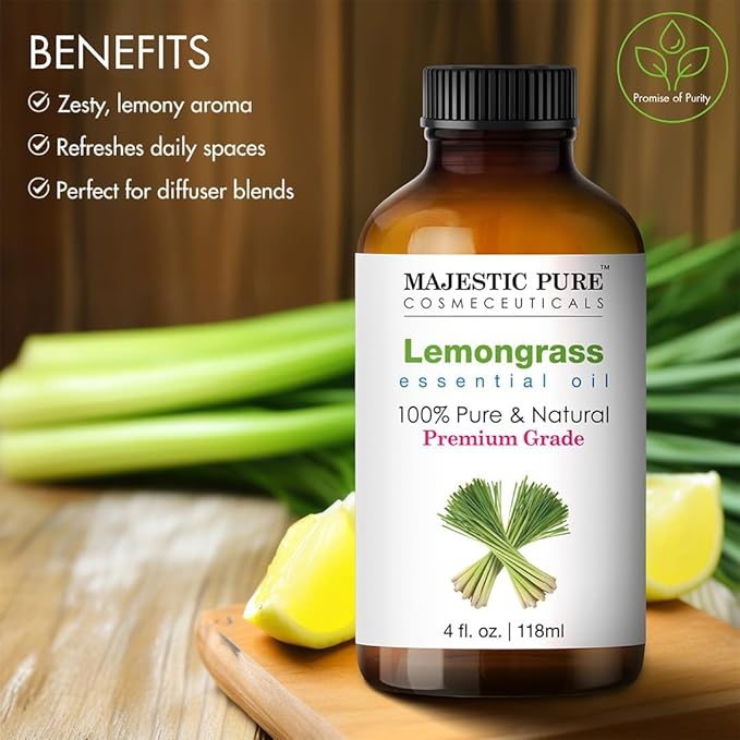 Majestic Pure Essential Oil with Glass Dropper - 100% Pure and Natural - Essential Oils for Diffuser, Aromatherapy, Soap and Candle Making, Lemongrass Essential Oil, Lemongrass Oil, 4 Fl Oz